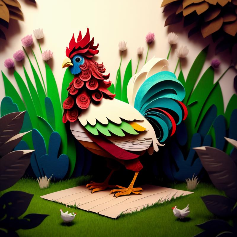 00442-3289994364-a (papercarvingcd, paper) rooster, standing on lawn, (solo_1.2), , no humans, high quality, masterpiece, realistic, photorealist.png